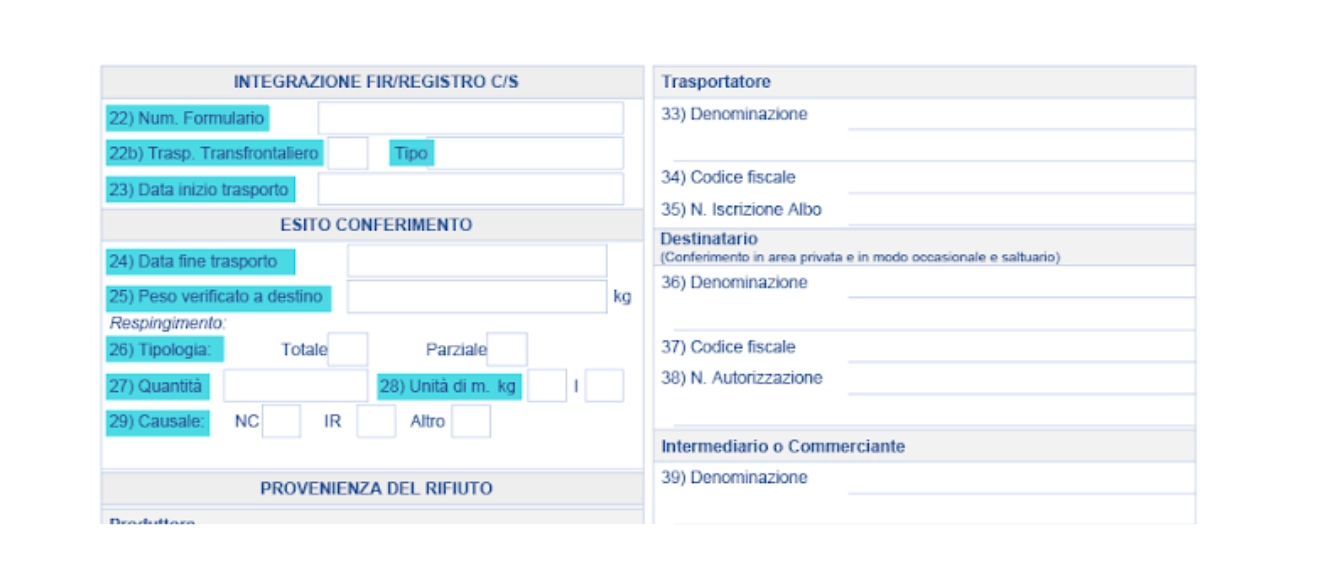 Vista Integrazione FIR Nuovo Modello Registro Carico Scarico Rifiuti